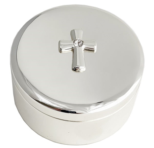 Christening Silver Plated Round Box with Cross by Simply Elegant Russell & Co