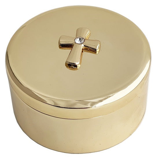 Christening Gold Plated Round Box with Cross by Simply Elegant Russell & Co