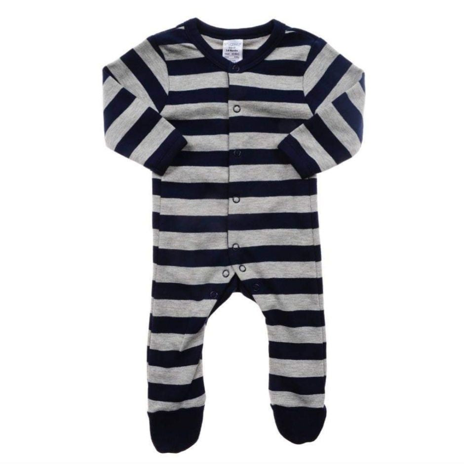 Snugzeez Full Sleeve Cotton Romper - Navy Blue & Grey Stripes Snugzeez