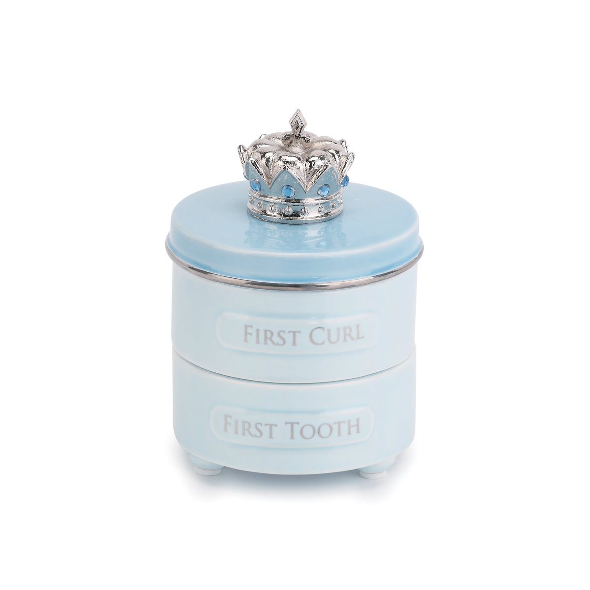 a blue and silver container with a crown on top