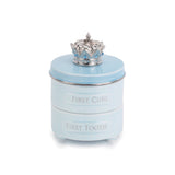 a blue and silver container with a crown on top