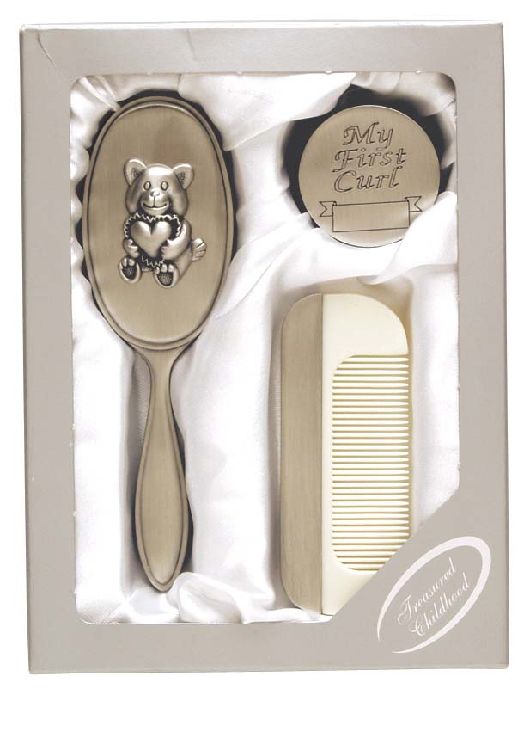 Elegant Pewter Bear Brush, Comb & First Curl Set - Blanket Babies