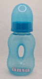 a blue plastic bottle with a blue cap