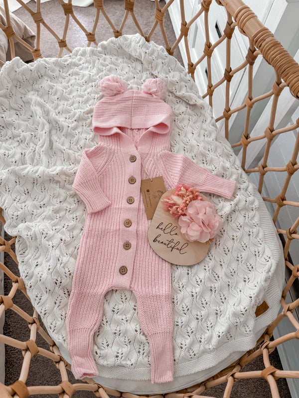 Classic Knit Hoodie Romper- Cotton Candy by Little B's Nursery