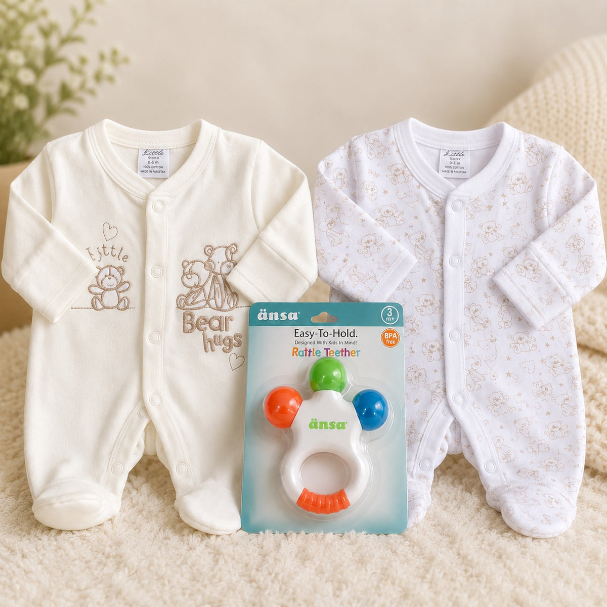 Snugzeez 2 Pack Rompers + Rattle