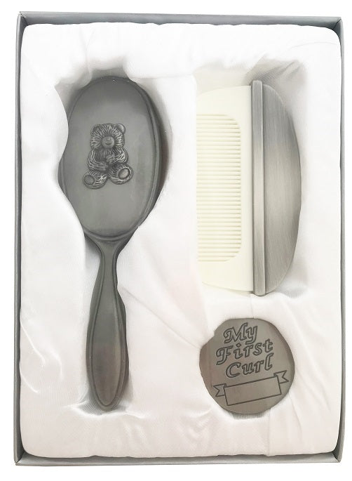 Elegant Pewter Bear Brush, Comb & First Curl Set