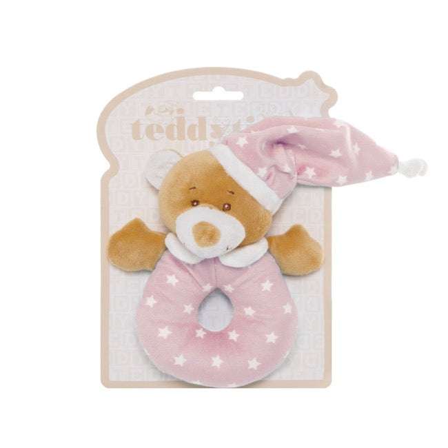 Starbright Teddy Bear Ring Rattle - Pink - Blanket Babies